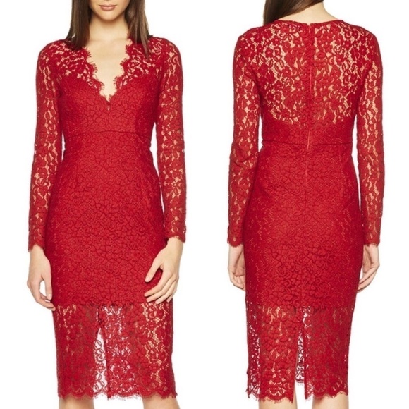 NWT Bardot Midnight Lace Illusion V-Neck Midi Dress in Red - Picture 1 of 8